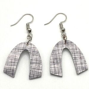 Dangle Earrings Faux Leather Cross Hatch Gray White Design U Shaped Earrings